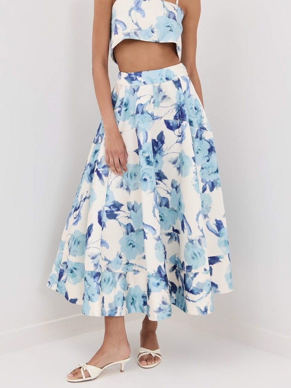 NWT Azeeza Avani Skirt Heavyweight Satin Blue Rose Floral A Line Maxi Sz L